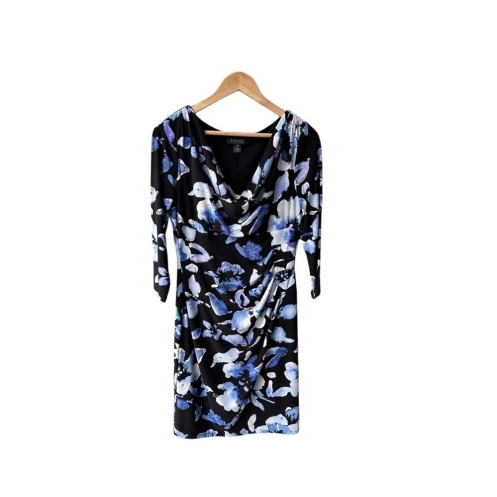 Ralph Lauren Dress Floral Cowl Neck Ruched Sheath Blue Black Business Preppy 12